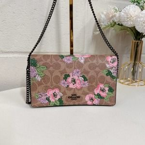 Coach 89655 Callie Foldover Chain Clutch in Signature Canvas IN Tan Sand Print